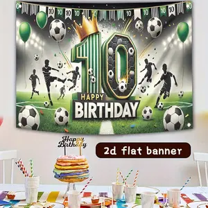 2D Flat Banner Polyester Party Backdrop, HD Digitally Printed Soft Lightweight Foldable Machine Washable Soccer Theme Football Stadium Background for 10th Birthday Decorations, Photo Booth, and Event Decor