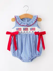 Girls 4th of July Plaid Romper Bow Smocked Embroidery