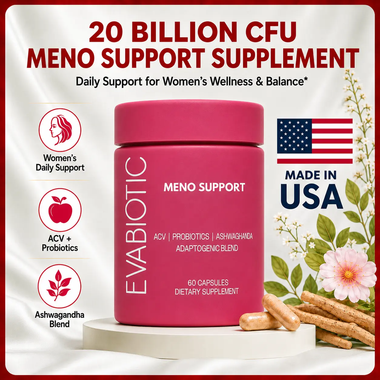 EVABIOTIC Meno Support Supplement for Women, ACV Probiotics & Ashwagandha Blend, Women’s Daily Wellness Support, Vegan Non-GMO Dietary Supplement, 60 Capsules