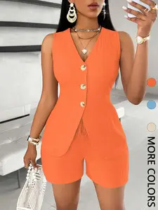 Women's Solid Color Fitted Vest Blazer & Drawstring Waist Shorts Two-piece Set, Business Formal for Work Office, Ladies Clothes for All Seasons