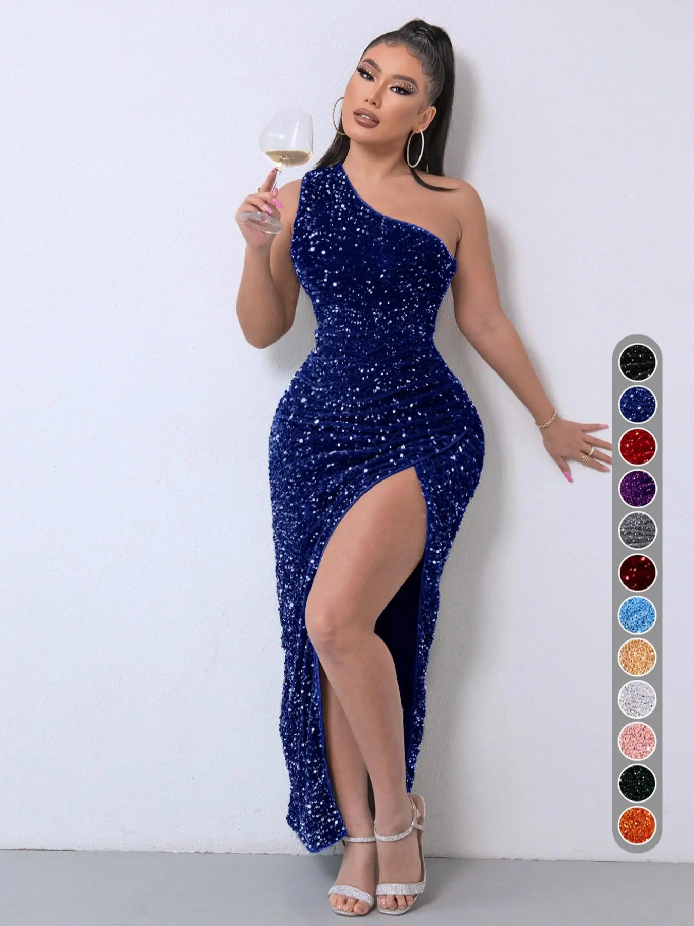Women's Glitter Sequin One Shoulder Ruched Split Thigh Bodycon Dress,  Elegant Sleeveless Bodycon, Embellished Dress, Summer