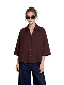 Women's Loose Fit Button Shirt, V Neck Three-Quarter Sleeve Lightweight Top, Breathable Solid Color Casual Wear, Summer Commute & Daily, Multiple Colors Available