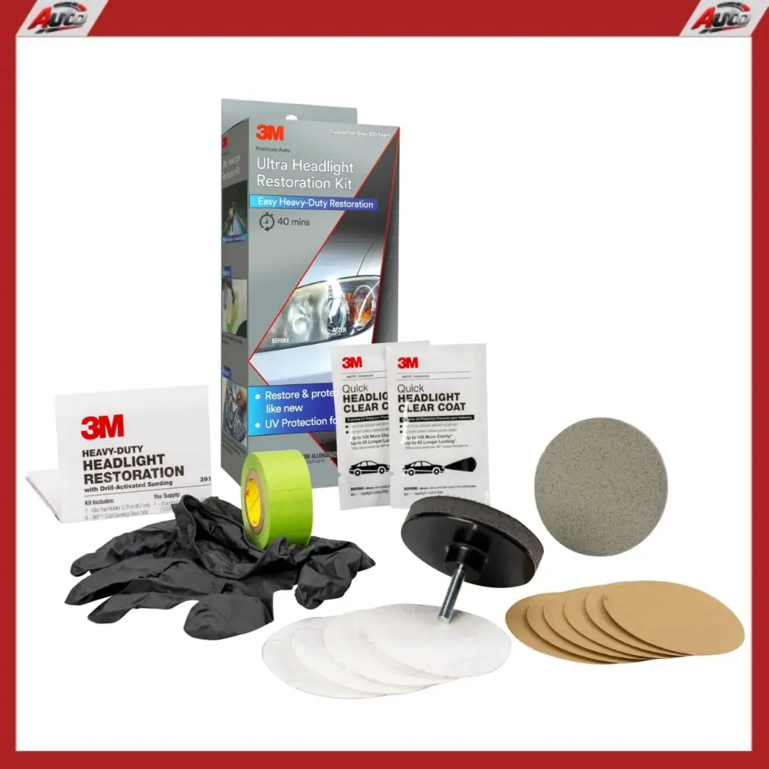3M Ultra Headlight Restoration Kit (39195) Complete Kit - Abrasive Technology, Gold Sanding Discs, 1 Trizact Refining Disc, Masking Tape, Wax Polish Protectant, Tool-Free Haze Restoration for Plastic Lenses, Headlights, Fog Lights, Taillights