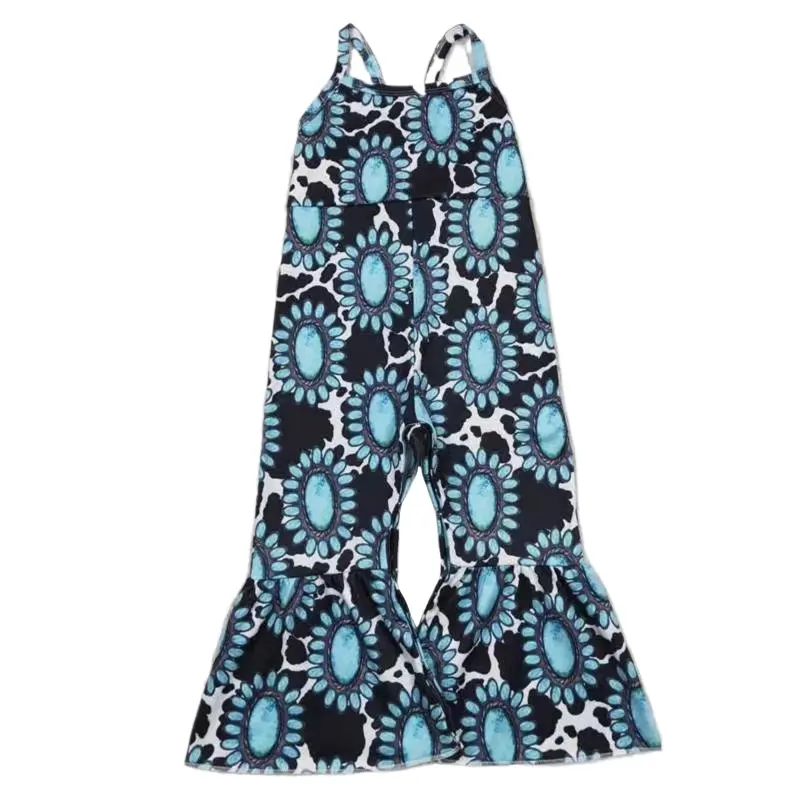 Toddler Girls' Western Bell Bottom Jumpsuit - Soft Turquoise Milk Silk Fabric, Breathable, Cozy Baby Girl Clothes for Any Occasion, 3-6M, 6-12M, 12-18M