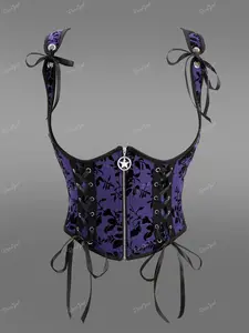 Gothic Floral Mesh Flocking Lace Up Pentagram Zipper Underbust Corset with Adjustable Ribbons and Star Buckle
