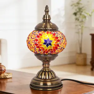 5.1 Inch Turkish Mosaic Stained Glass Table Lamp, Antique Bronze Iron Base, E26 Base with Warm Light Bulb Included, Bohemian Moroccan Accent Lamp for Bedroom Nightstand Living Room Study