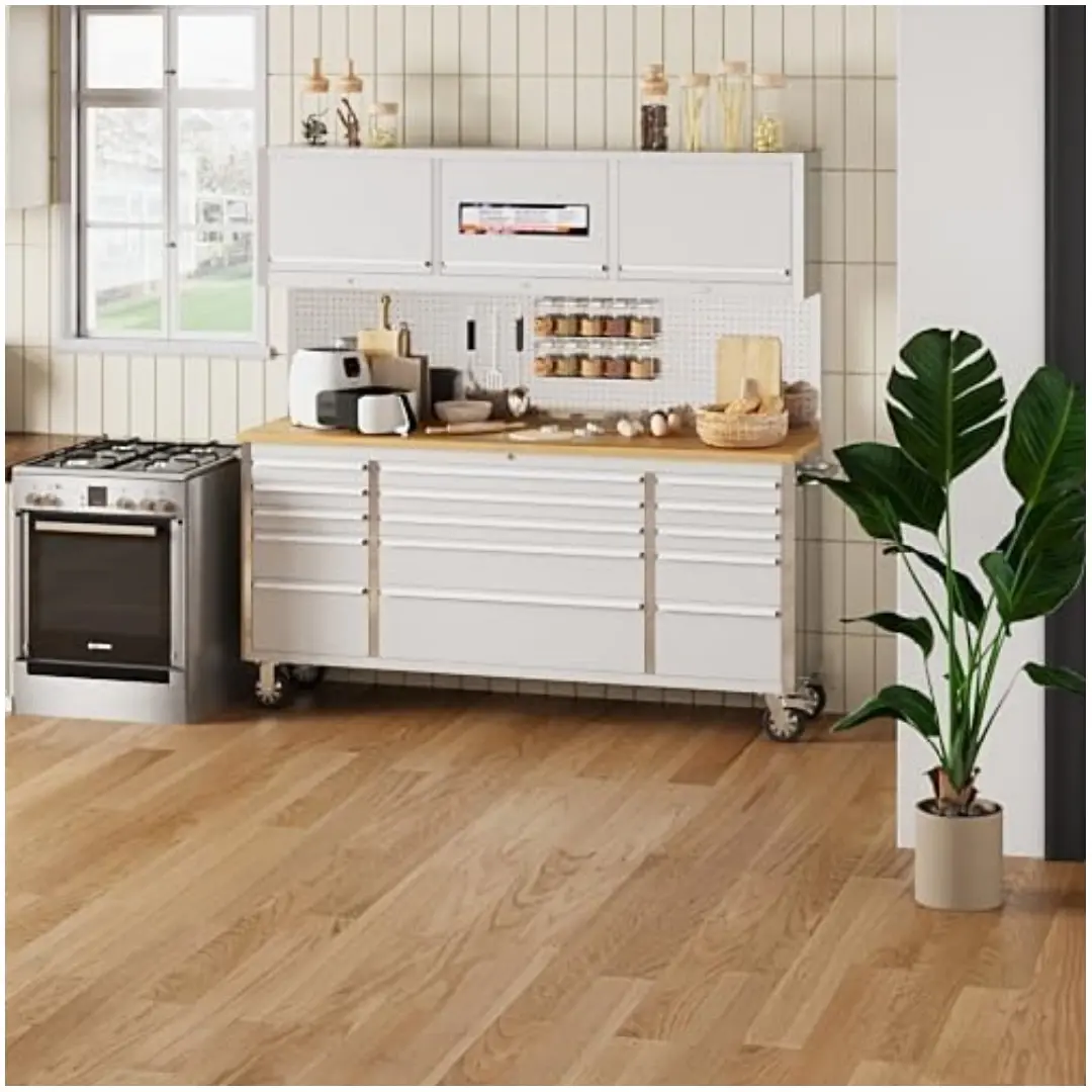 【Christmas Gift】72 Inch Rolling Tool Cabinet Heavy Duty Garage Workbench with 15 Drawers and 3 Cabinets Steel Frame Workshop Table for Mechanics Garage Organization Large Tool Bench Storage with Pegboard Silver