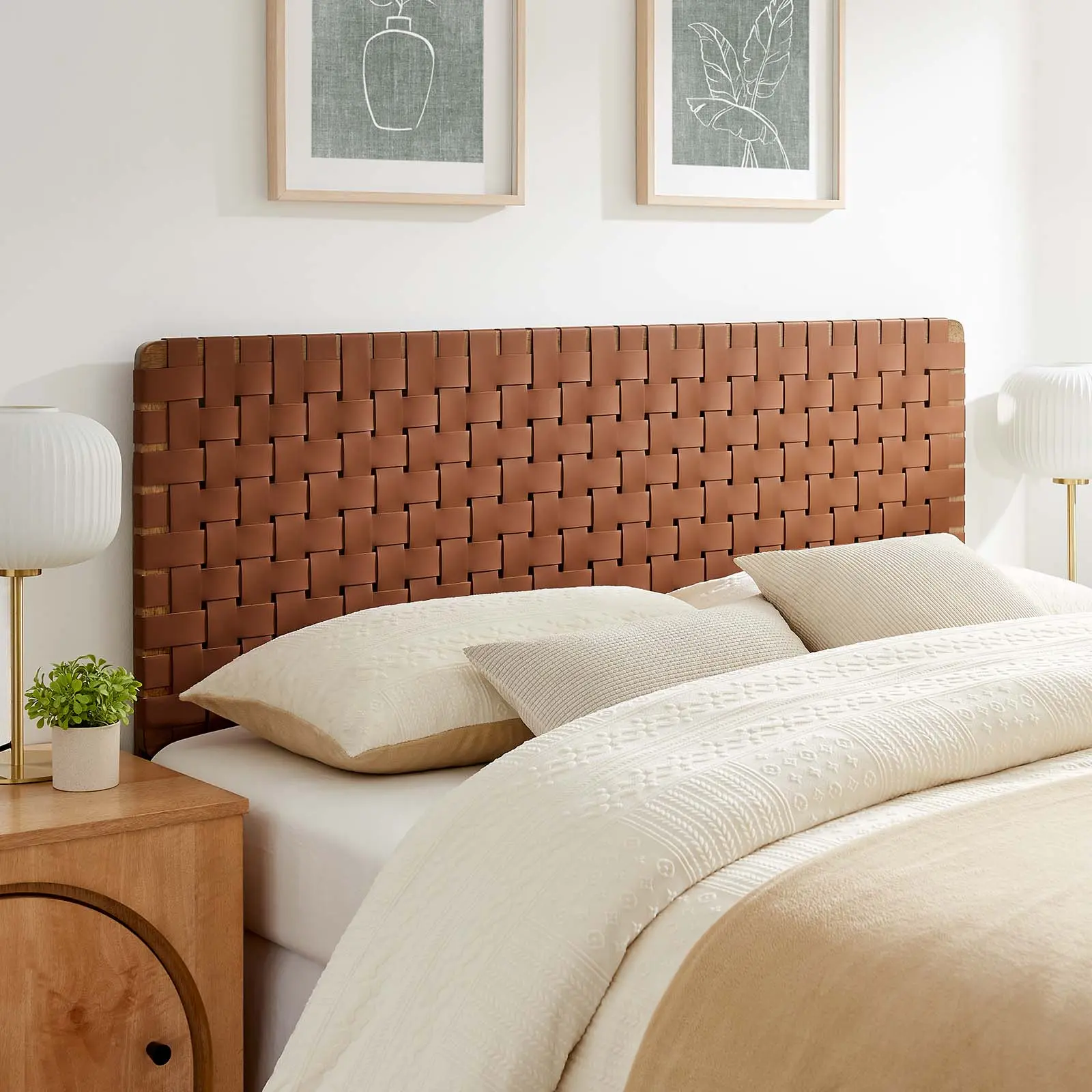 Modway Sparta Weave Queen Vegan Leather Headboard, Walnut Brown - Elegant, Organic Aesthetics, Standing Design, Tactile Texture, Wooden Frame Indoor Furniture Headboard, Elegant Headboard, Organic Aesthetics Headboard