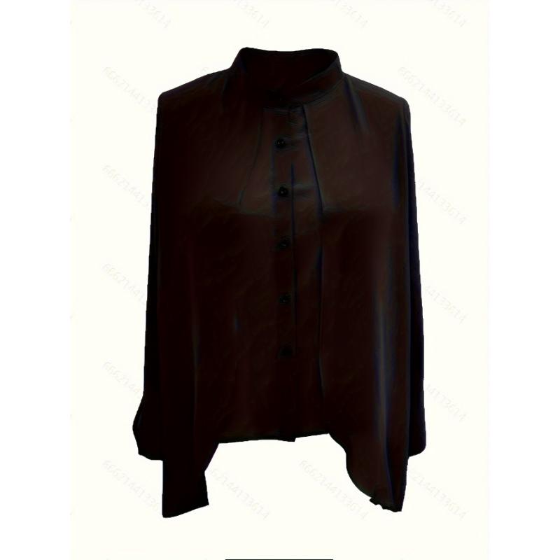 Women's Plus Size Olive Green Chiffon Blouse-Long Sleeve Button-Up Shirt with Stand Collar, Semi-Sheer Casual Top for Spring Summer Fall,Lightweight Breathable Office&Casual Attire, Sophisticated Casual Look, Elegant Texture,Spring Fa Polyester Womenswear