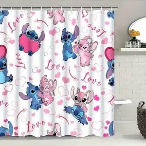 DISNEY CLASSIC Stitch Shower Curtain - Cute Cartoon Pattern with Pink Love Hearts, Waterproof Polyester Fabric, Bathroom Decor with Hooks, Ideal for Kids & Stitch Fans