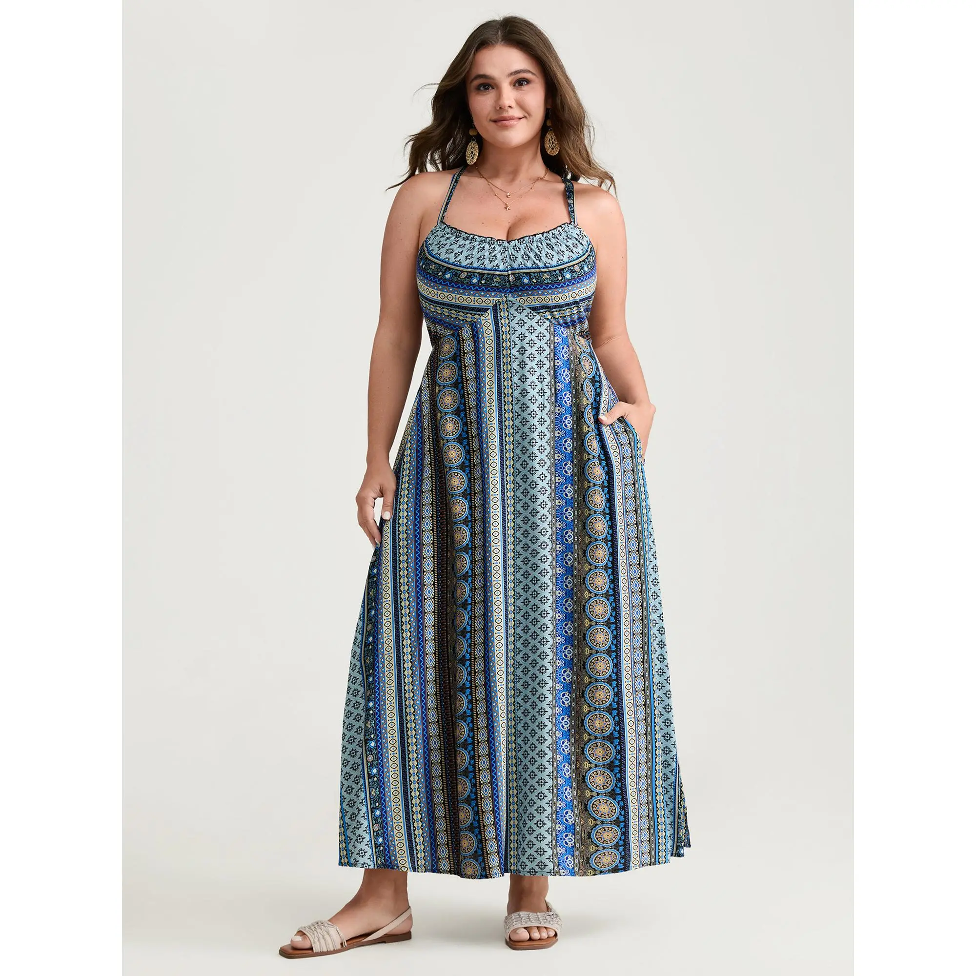 BloomChic Plus Size Boho Striped Flowy Maxi Dress, Casual V-Neck Sleeveless Rayon Summer Vacation Outfit with Pockets, Bohemian, Print, Women's Clothes, Plus Size Dresses, Boho Clothes For Women, Curvy Dresses Plus Size
