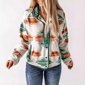 Womens Fleece Jacket Western Aztec Print Long Sleeve Snap Button Down Shacket Jackets with Pockets Coats CuteGift