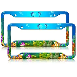 2Pcs Underwater World Ocean License Plate Frames, Dolphins and Plants Aluminum Metal License Plate Holder, Car Decorative Tag Frames for Standard US 12.2x6.3 Inch ﻿