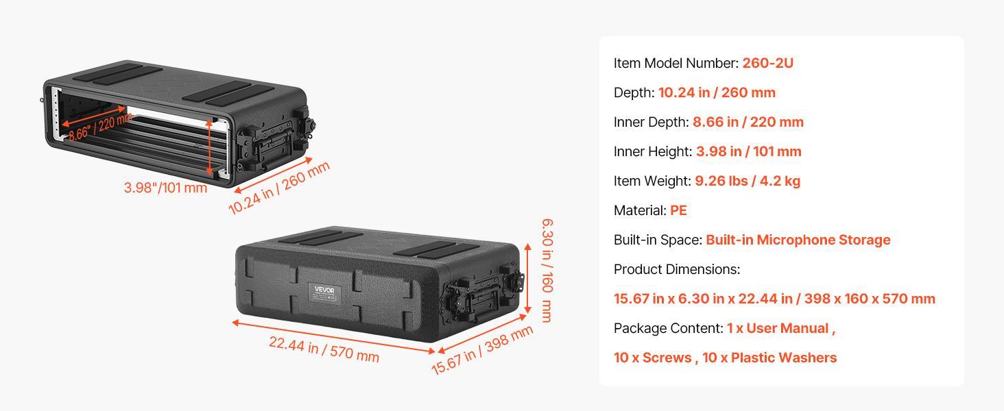【Father's Day】VEVOR 2U Rack Case, 12 in Depth, Rackmount Flight Case Shallow Rack with Microphone Compartment, Polyethylene Construction, Recessed Latches, Easy Installation, for Amplifier, 8.7 in Internal Depth 【Father's Day】VEVOR 2U Rack Case, 12 in Depth, Rackmount Flight Case Shallow Rack with Microphone Compartment, Polyethylene Construction, Recessed Latches, Easy Installation, for Amplifier, 8.7 in Internal Depth