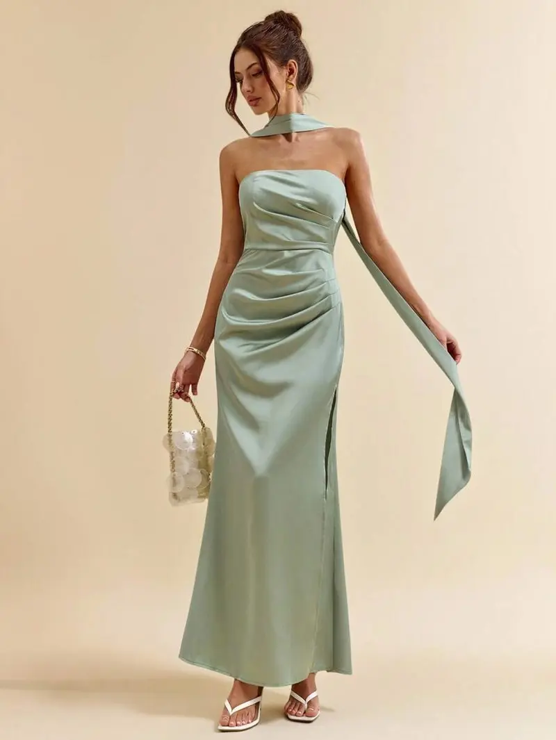 Green Satin Backless Dress