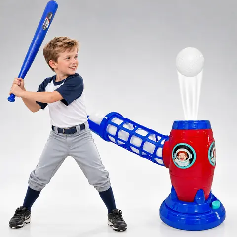 Automatic Baseball Pitching Machine, Kids' Batting Practice Toy with Bat & 10 Balls, for Boys & Girls Ages 3+, Perfect Holiday Gift