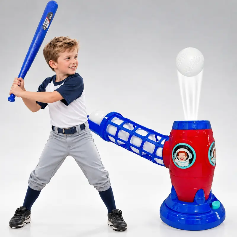 Automatic Baseball Pitching Machine, Kids' Batting Practice Toy with Bat & 10 Balls, for Boys & Girls Ages 3+, Perfect Holiday Gift