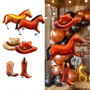 8pcs Cowgirl Party Alien Balloons, Huge Brown Cowgirl Boot Hat Horse Aluminum Foil Balloons for Birthday, Western Party Decorations Supplies, farm theme balloon