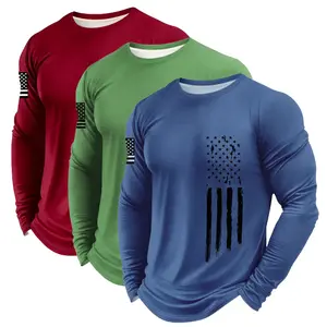 Male Men's 3-Pack Long Sleeve T-Shirts - Moisture-Wicking, Quick-Dry Athletic Crew Neck Tops with American Flag Print for Running, Gym