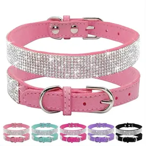 Comfortable Suede Fiber Crystal Dog Collar Glitter Rhinestone Dog Buckle Collar for Small Dogs Cats XS/S/M/L