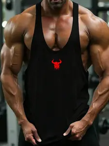 Men's Gothic Bull Print Stringer Gym Tank Top, Muscle Fit Deep Cut Sleeveless Workout T-Shirt, Training Vest, Sleeveless Gym Tops, One Piece Bodybuilding Fitness Apparel for Gym Training, Streetwear, Casual Daily Wear
