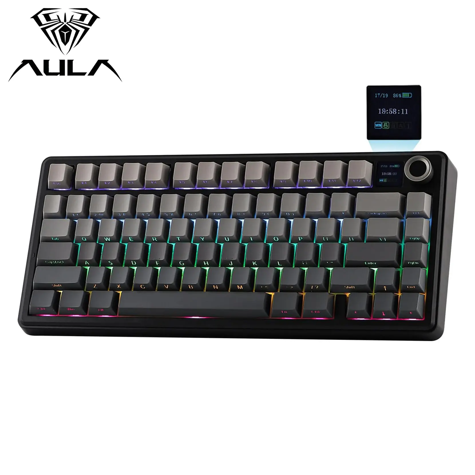 Aula F75 MAX Wireless Mechanical Keyboard with TFT Screen and Knob, Gasket Gaming Keyboard in 75% Layout, Hot Swappable, RGB Backlight, for PC/Mac/Linux (Black Gradient) summerwins, Bluetooth Keyboards, Mechanical Wireless Keyboards