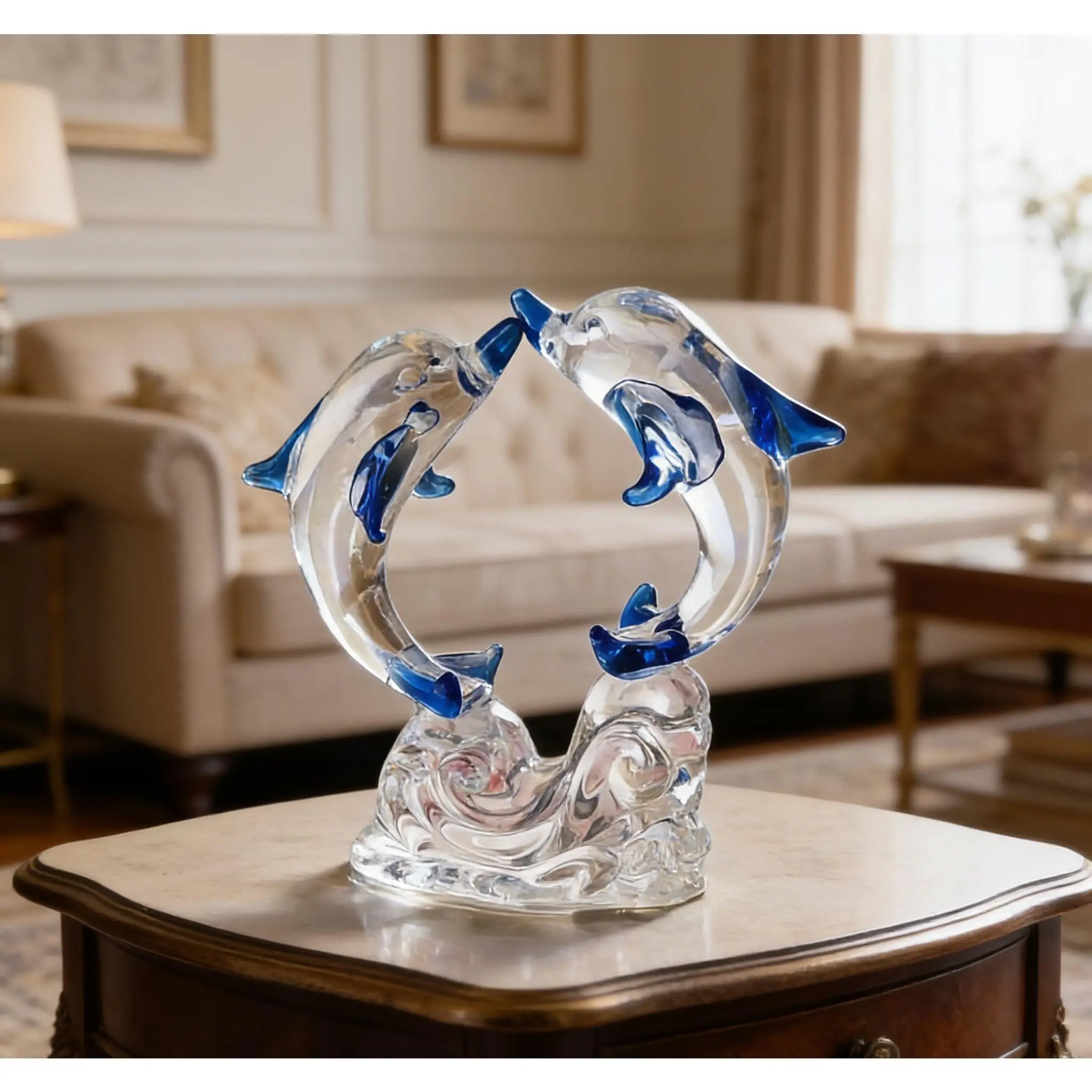Crystal Glass Double Dolphin Statue with Double Dolphin 45° Neck Necklace & Gilded Wave, Light Luxury Marine-Theme Indoor Decor, Qixi Valentine's Day Gift for Living Room Desk