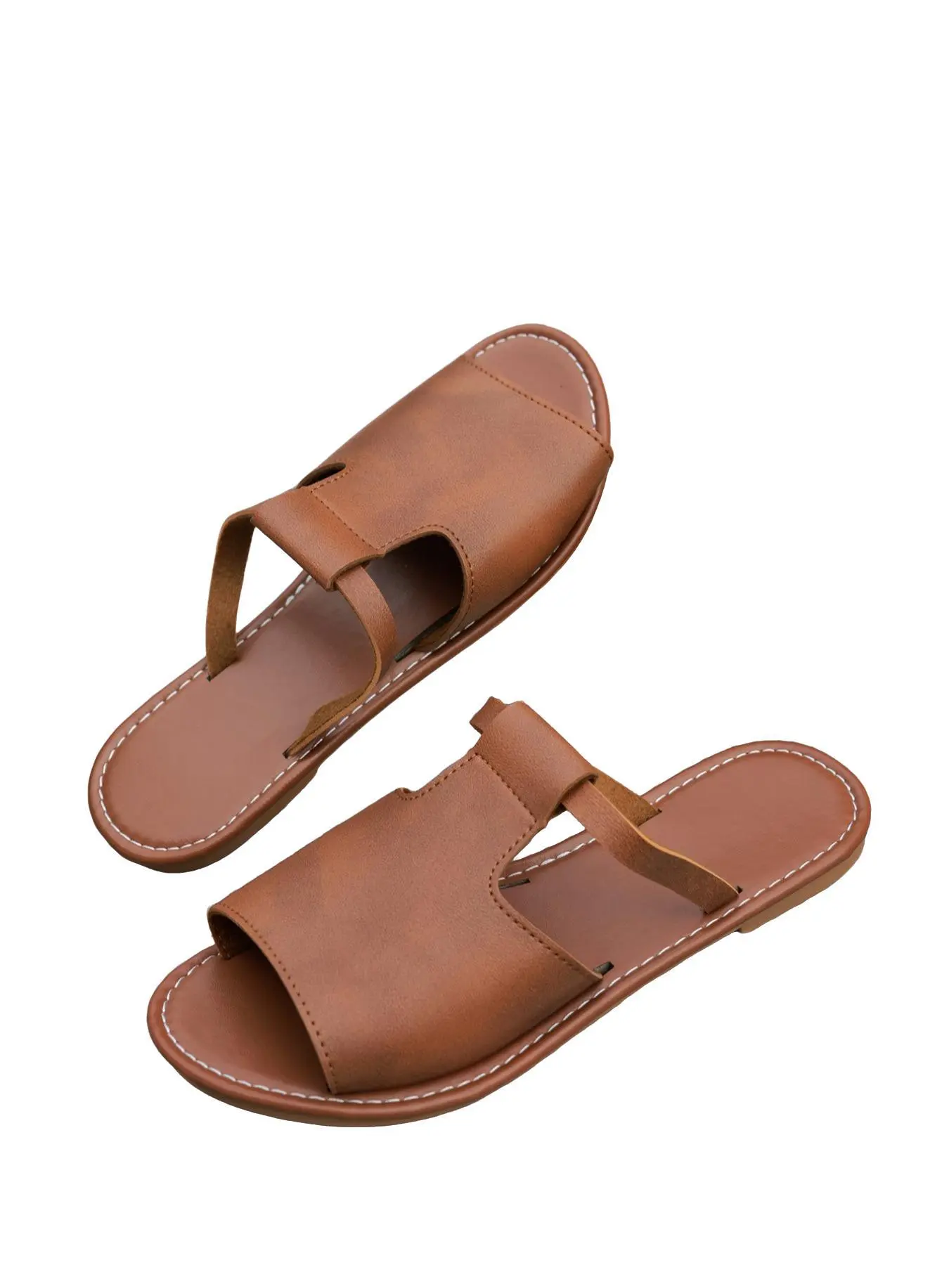 Women's Stylish Casual Leather Slide Sandals, Comfortable Flat Sole, Round Toe Low Cut, Everyday Versatile Summer Footwear