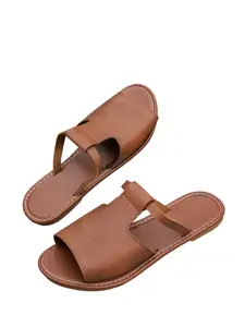 Women’s Stylish Leather Slide Sandals, Comfortable Flat Sole, Round Toe Low Cut, Everyday Versatile Footwear