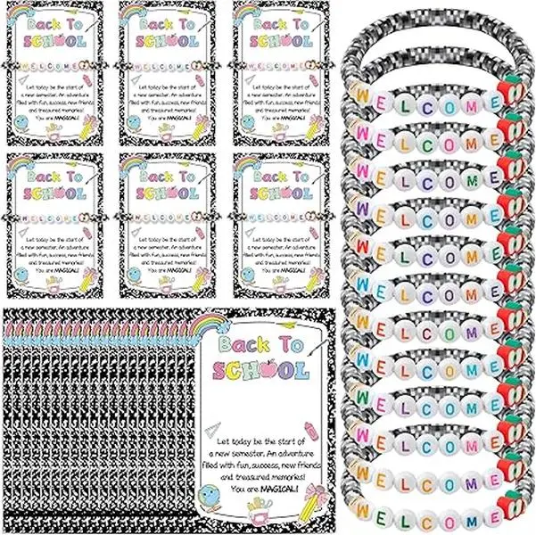 48P Back to School Welcome Bracelets First Day of School Clay Bead Bracelets with Greeting Cards Apple Theme Friendship Bracelets for Students Teachers Classroom Gifts School Supplies Party Favors