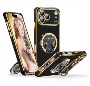 XYZ for iPhone 16 17 Pro Max Case with Stand, Rotatable Ring Holder & Makeup Mirror, Women Girls Glitter Sparkle Heart Design Protective Cover Christmas Gifts