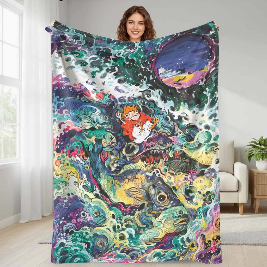 Surreal Ocean Fantasy Flannel Blanket Mythical Marine Life Abstract Print Ultra Soft Lightweight Breathable Throw Perfect For Cozy Bedding Sofa Living Room Home Decor Birthday Gift Camping Travel Or Bedtime Relaxation During Winter Chill Or Daily Use