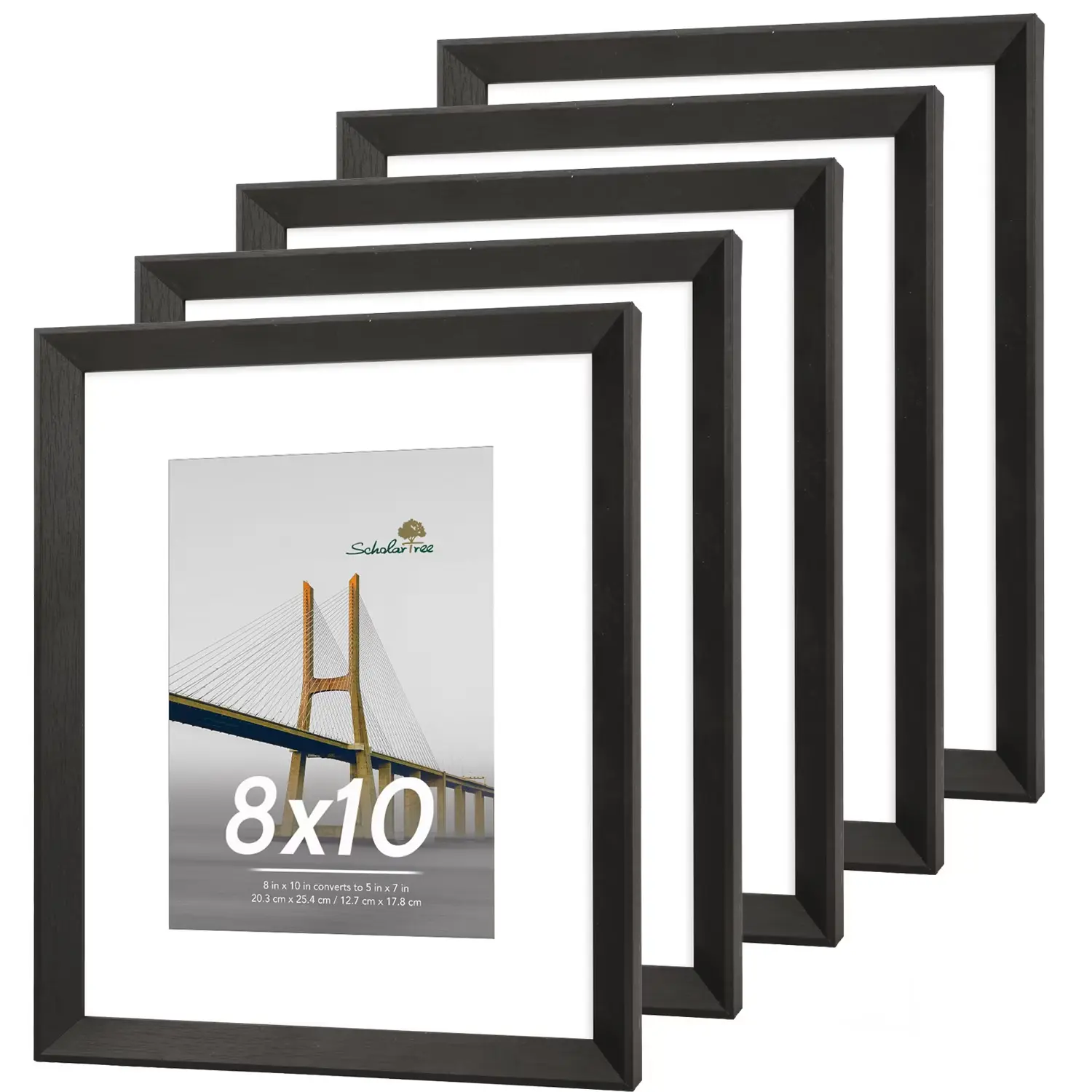 8x10 Picture Frames Set of 5, Wooden Photo Frames Matted to 5x7 with Shatterproof HD Plexiglass & Easel Stand for Tabletop & Wall Decor Black