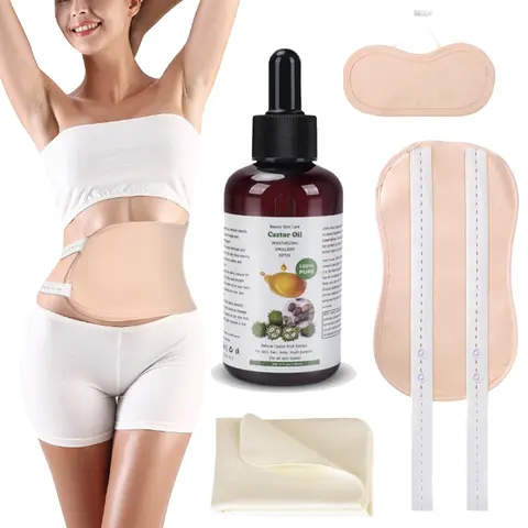 Organic Castor Oil Pack Set - 4 Cotton-Lined Organic Flannel Wraps, 4 fl.oz/125ml Comfortable Healthcare Body Oil for Colon, Lymphatic Support, Mature Skin Nourishment, Daily Care (45min Wear)