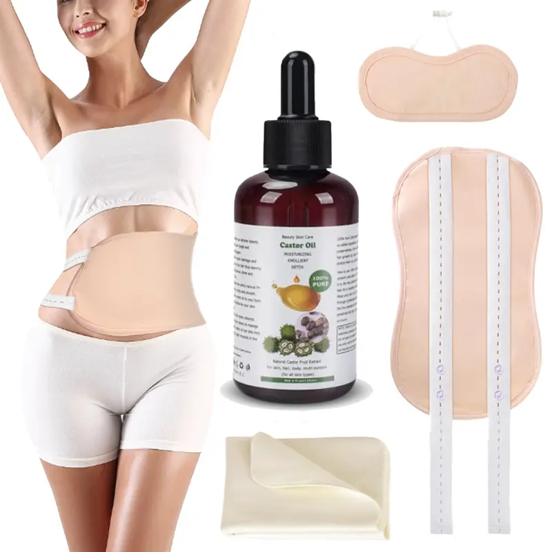 Organic Castor Oil Pack Set - 4 Cotton-Lined Organic Flannel Wraps, 4 fl.oz/125ml Comfortable Healthcare Body Oil for Colon, Lymphatic Support, Mature Skin Nourishment, Daily Care (45min Wear)