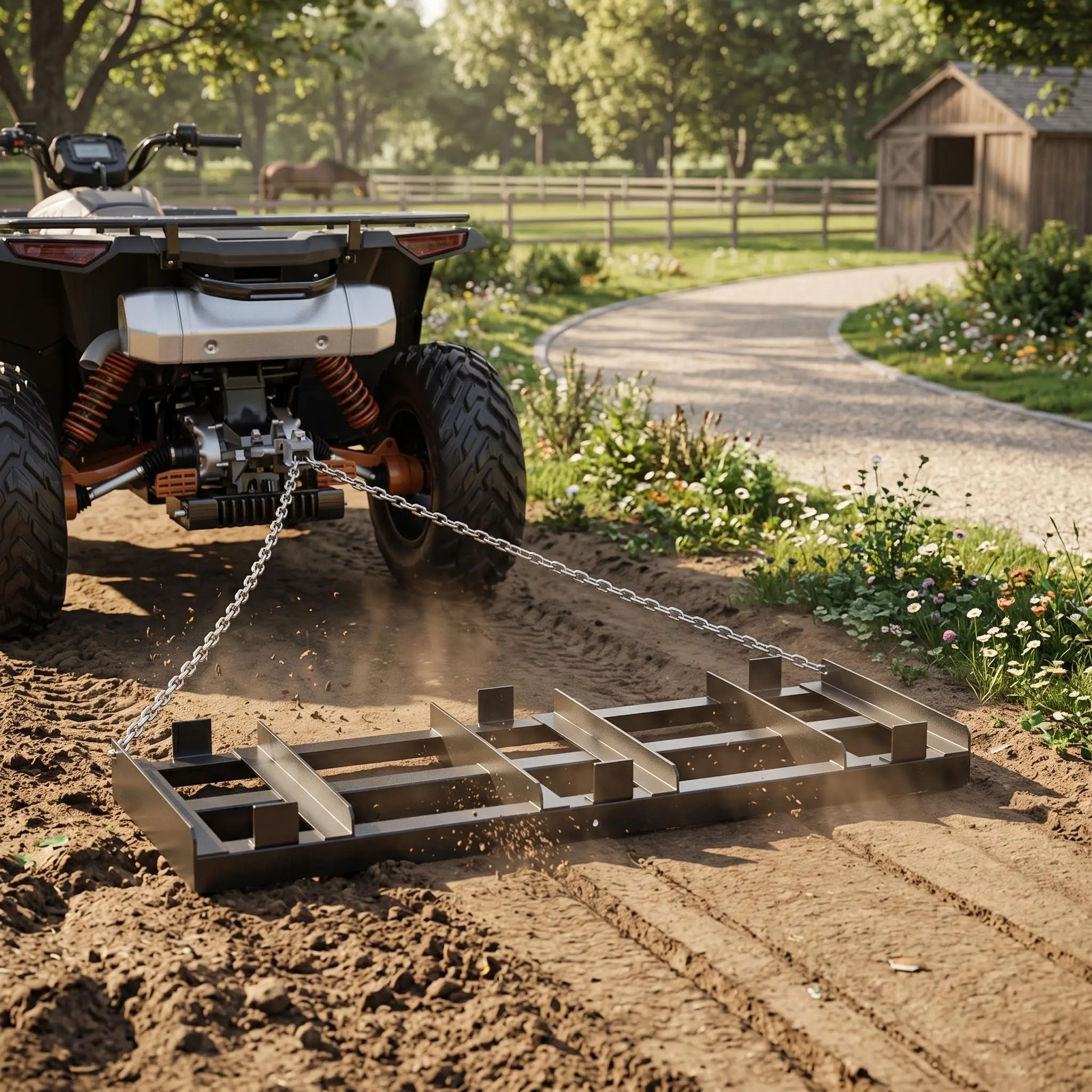 GARVEE Tow-Behind Drag Harrow Driveway Grader for ATV UTV Tractor | Heavy Duty Lawn Leveler Landscape Rake with 6 ft Chain, Gravel & Soil Grader for Lawn Mower, Hay Fields, 48 x 20 in Gray