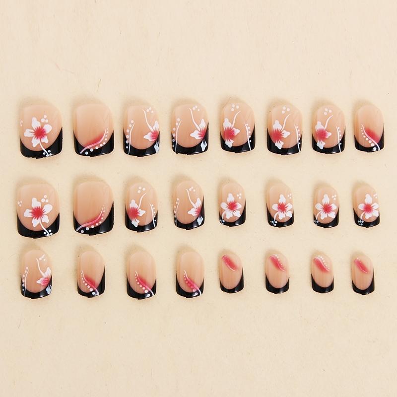 24 pieces short square black French blush flower press on nails press on nail art decals fake nails Flower Design Nails French Tips Nails
