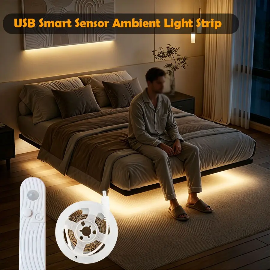 Human Motion Sensor LED Strip Light, Dual Power Options, Warm & White, Self-Adhesive, Interior Led Lights, Ideal for Closet, Stairs, Cabinets, Hallway, Bedroom Decor(Product does not include AAA batteries)