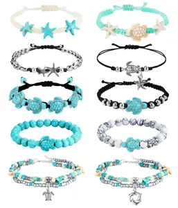 FASACCO 10 Count Waterproof Handmade Starfish Sea Turtle Adjustable Boho Summer Beach Bracelets for Women Beads Jewelry Tortoise Shell