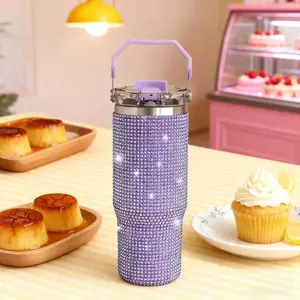 30 Oz Double-Layer Stainless Steel Insulated Cup With Leak Proof Lid And Straw Hole - Vacuum Insulated Cup Suitable For Hot And Cold Drinks, 30oz Hand-Held Diamond Cup, Travel, Office, Camping, Car - Elegant Sparkling Beverage Gift For Women/Men Fashionab