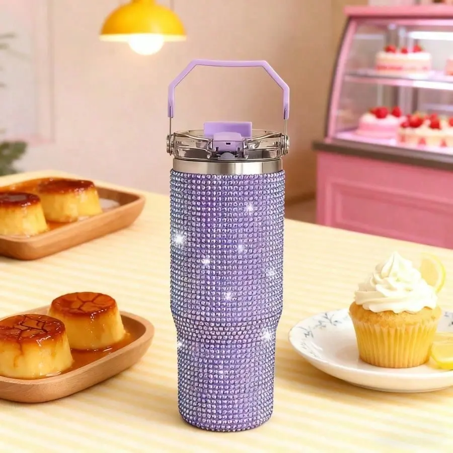 30 Oz Double-Layer Stainless Steel Insulated Cup With Leak Proof Lid And Straw Hole - Vacuum Insulated Cup Suitable For Hot And Cold Drinks, 30oz Hand-Held Diamond Cup, Travel, Office, Camping, Car - Elegant Sparkling Beverage Gift For Women/Men Fashionab