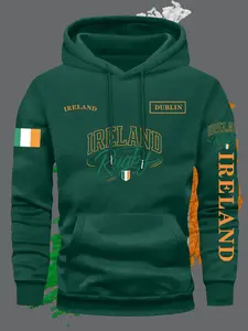 Men's Ireland Flag Hoodie, Multicolor Geometric Print Pullover, Front Pocket, Fall Winter Casual Sportswear, Comfort Fabric, Casual Pullover Hoodies