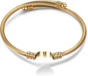 Women Gold Plated Heart Initial A-Z Letter Cuff Bracelets Expandable Stainless Steel Birthday Jewelry