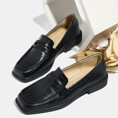 Women's Fashion Fall New Chunky Thick Rubber Sole Square Toe Soft PU Leather Walking Shoes, Daily Wear Shoes, Slip-On Comfortable Loafers for Work & Casual Wear, Low Heel Flats, Footwear