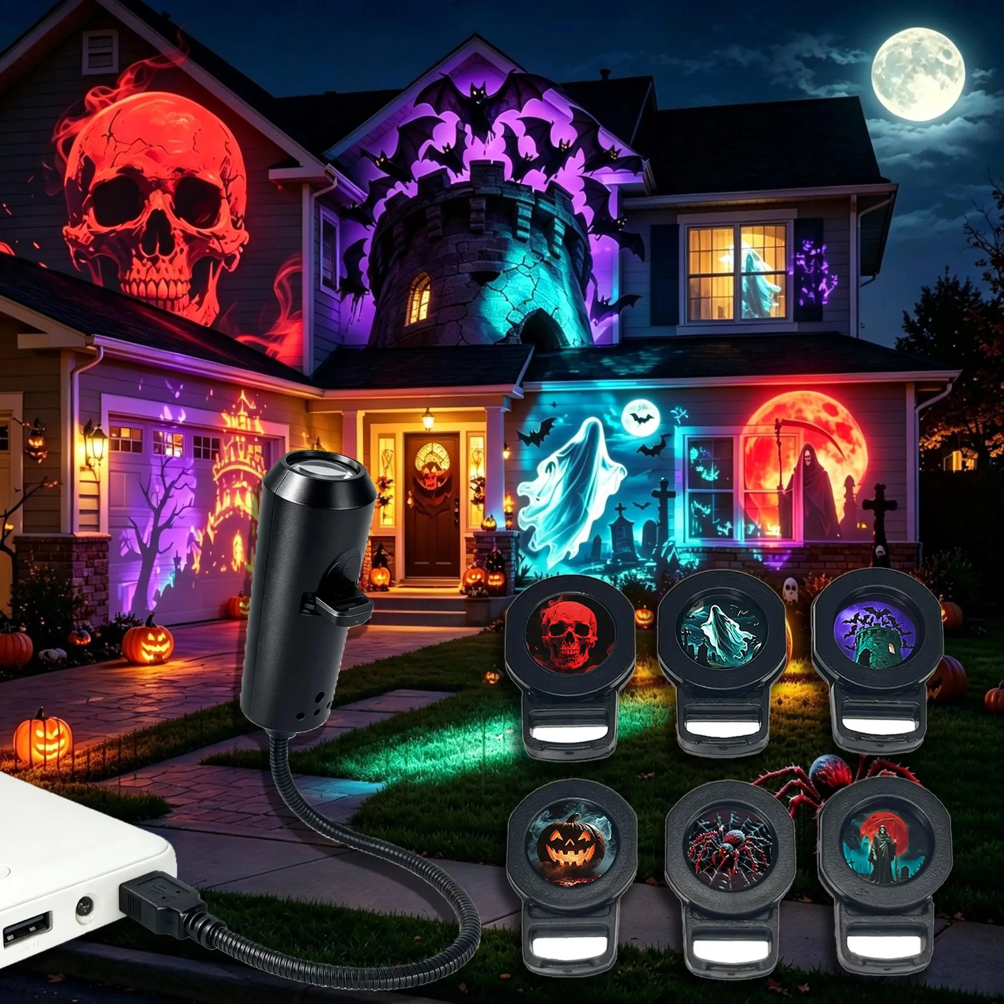 Portable USB Slide Projector Device, Interchangeable Slides, Flexible Gooseneck, Space-Galaxy Halloween Projection Light for Bedroom Party Ceiling & Wall Decor