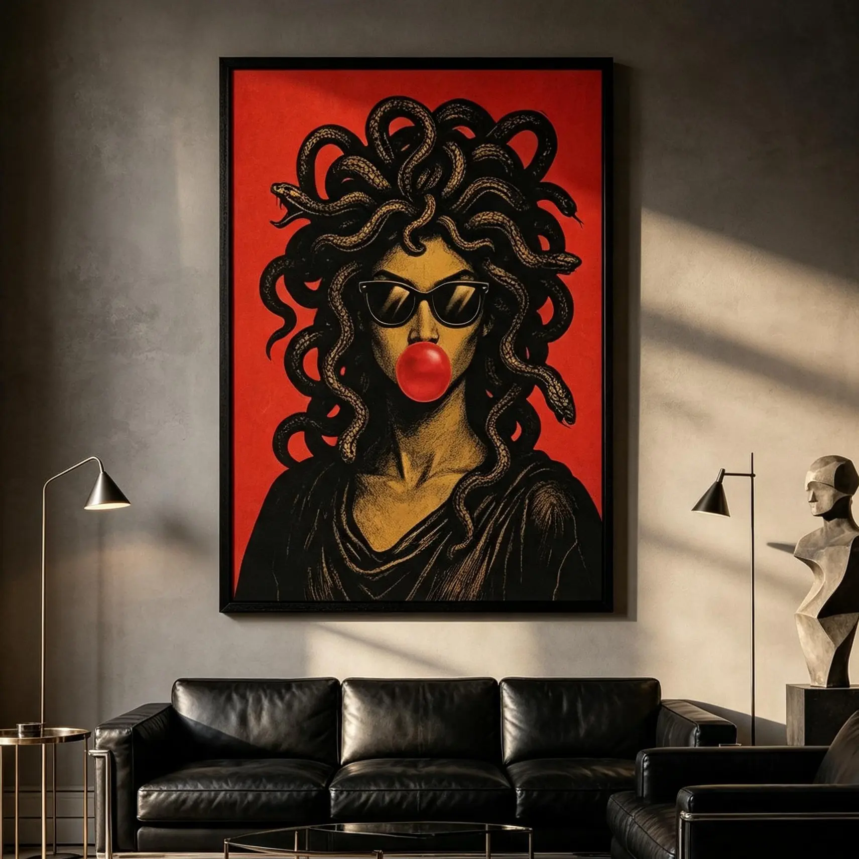 Retro Red Medusa With Sunglasses Bubble Gum Poster, Spooky Gothic Wall Print - Halloween Bedroom Decor, Cool Aesthetic Home Decor for Home Supplies