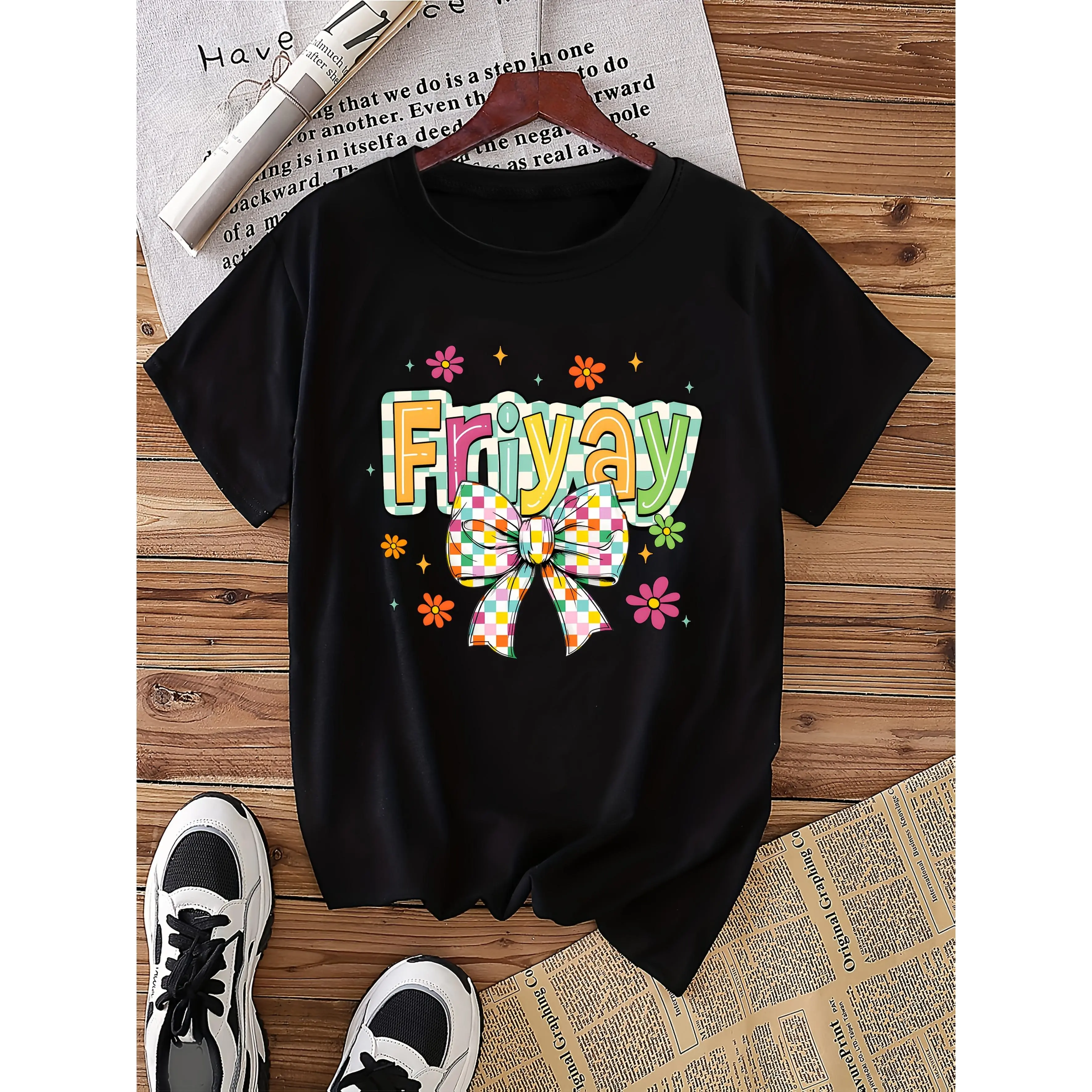 Happy Friday Plaid Bow Print Women's Spring and Summer Outfits Combined Edition Round Neck T-shirt
