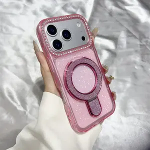 Glitter Kickstand Phone Case for iPhone 17 Pro Max/Air/16/15/14 Plus/13/12 Pro Max,Cute Bling Sparkly Diamond Rhinestones with Camera Lens Protector Liquid Flowing Ring Stand TPU Bumper Women Girls Cover