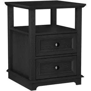 End Table with Charging Station, 18W Fast Charge Side Table, Vintage Farmhouse Sofa Table with 2 Drawers , 24"H Nightstand, Night stands Open Storage, Silent Slides, ,Sturdy Side Table Living Room Bedroom, Easy Assembly, 24-Month Service