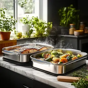 2pcs Extra Large Heavy Duty Stainless Steel Baking Pans with Lids - Non-Stick, Thick Rectangular Oven Trays for Desserts, Bread, and Seafood - Perfect for BBQs, Buffet Serving Trays|   Spacious Design|   Nonstick Surface, Baking Tray for OveAB10TitanFix